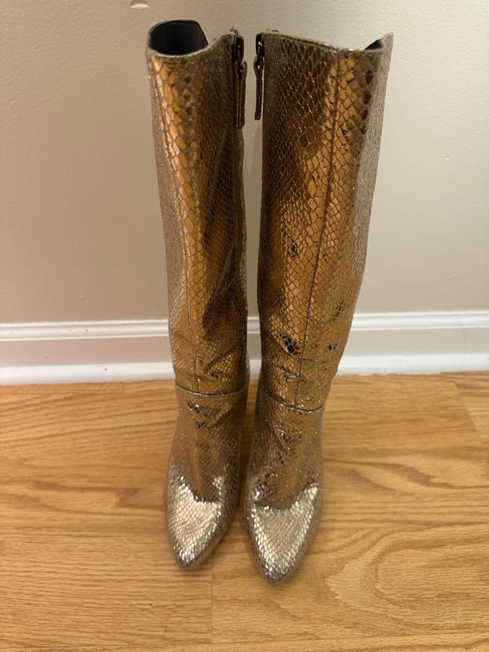 Metallic Gold Snake-Embossed Knee Boots - Women's